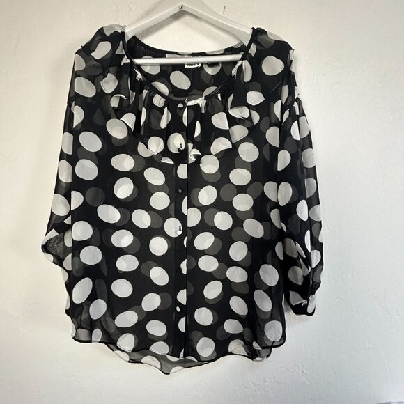 Paul Et Duffier Black White Polka Dot Sheer Button-Up Ruffle Collar Blouse Small - Picture 1 of 8